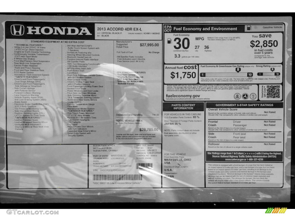 2013 Honda Accord EX-L Sedan Window Sticker Photo #71214853