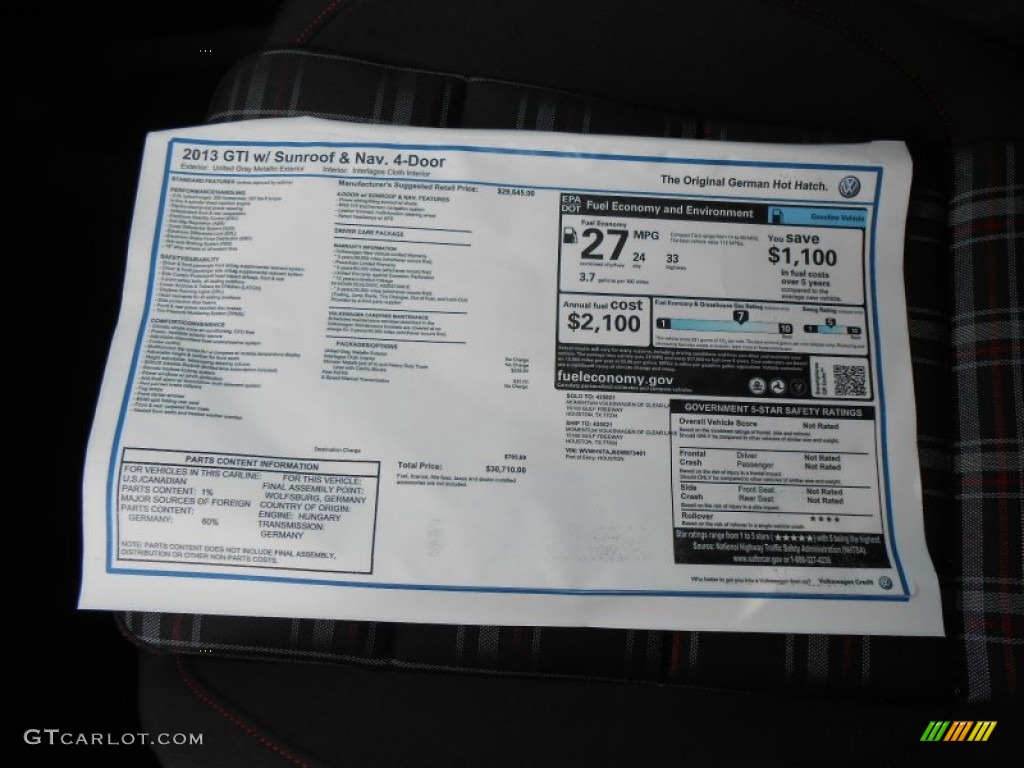 2013 Volkswagen GTI 4 Door Window Sticker Photo #71250129