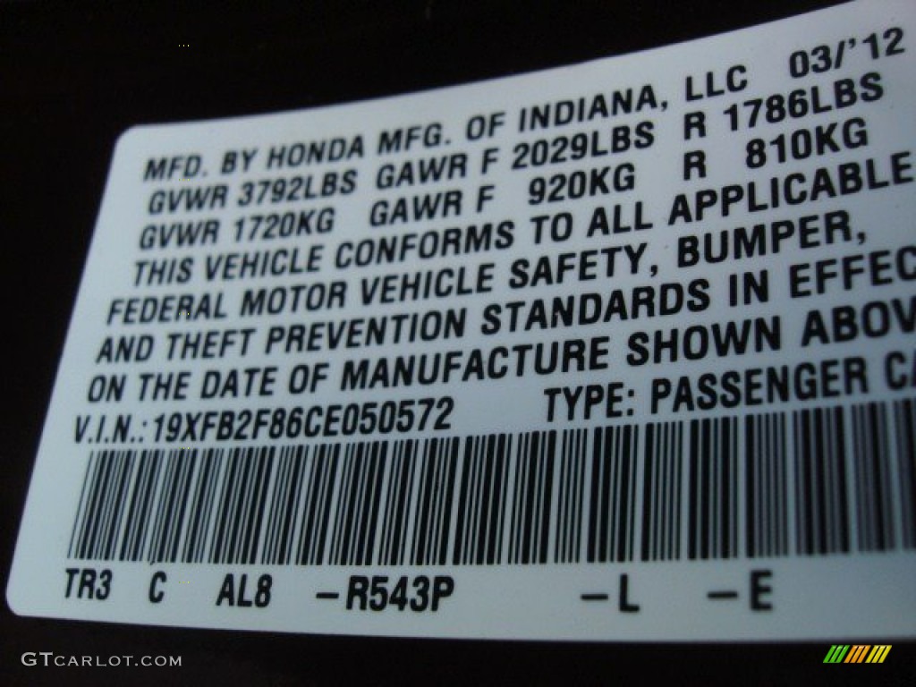 2012 Civic Color Code R543P for Crimson Pearl Photo #71278495
