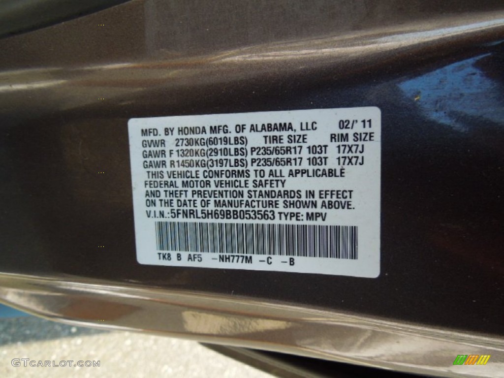 2011 Honda Odyssey EX-L Color Code Photos