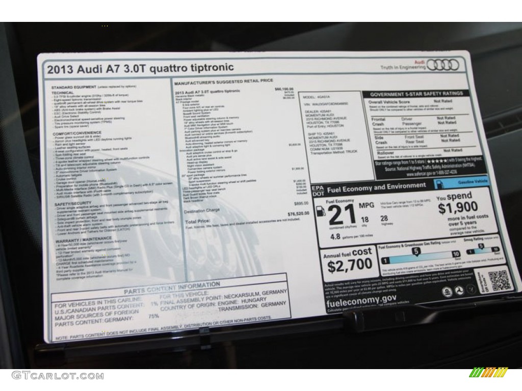 2013 Audi A7 3.0T quattro Prestige Window Sticker Photo #71288203