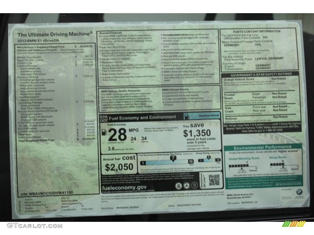 2013 BMW X1 sDrive 28i Window Sticker Photo #71297440