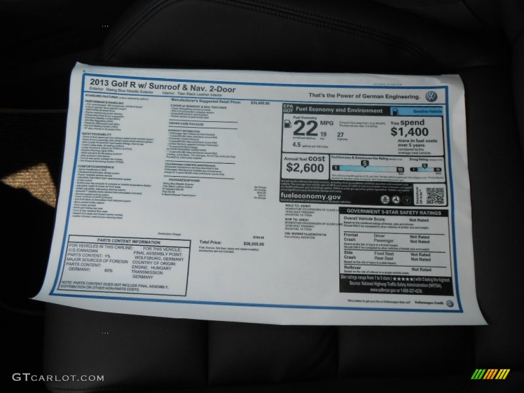 2013 Volkswagen Golf R 2 Door 4Motion Window Sticker Photo #71298178