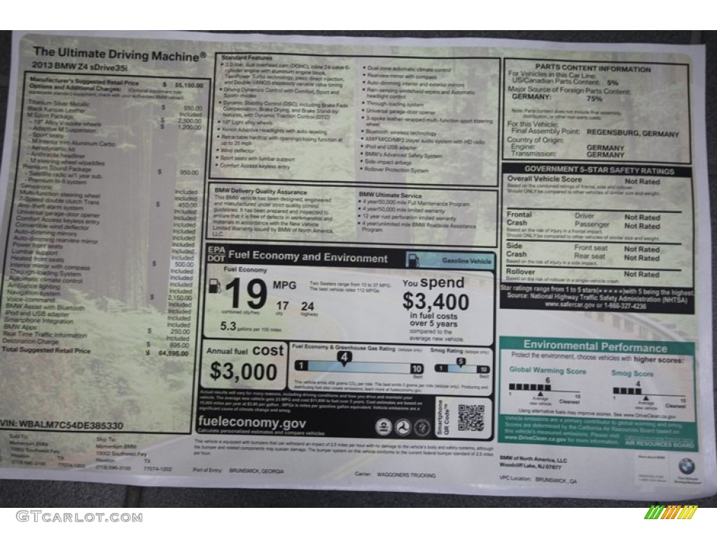 2013 BMW Z4 sDrive 35i Window Sticker Photo #71298898