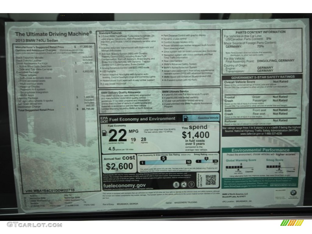 2013 BMW 7 Series 740Li Sedan Window Sticker Photo #71299660