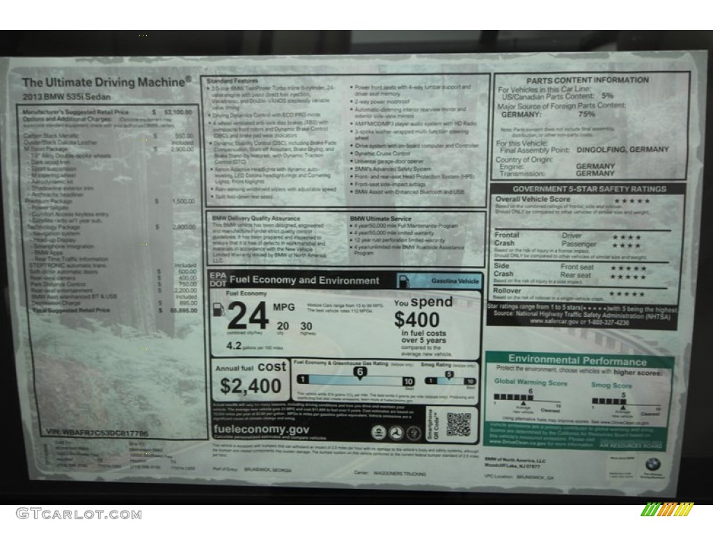 2013 BMW 5 Series 535i Sedan Window Sticker Photo #71300434
