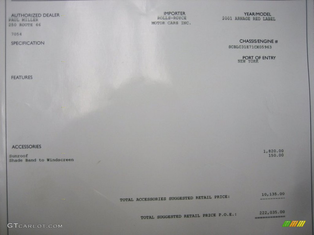 2001 Bentley Arnage Red Label Window Sticker Photos