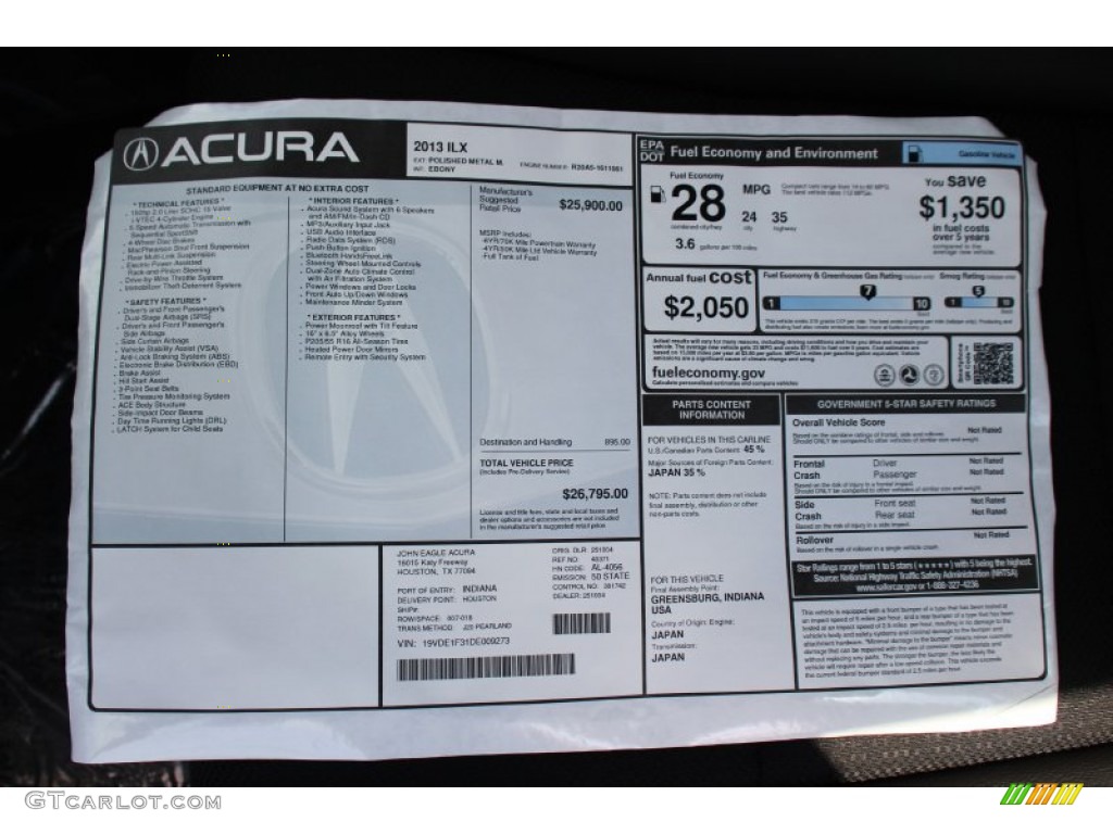 2013 Acura ILX 2.0L Window Sticker Photo #71312828