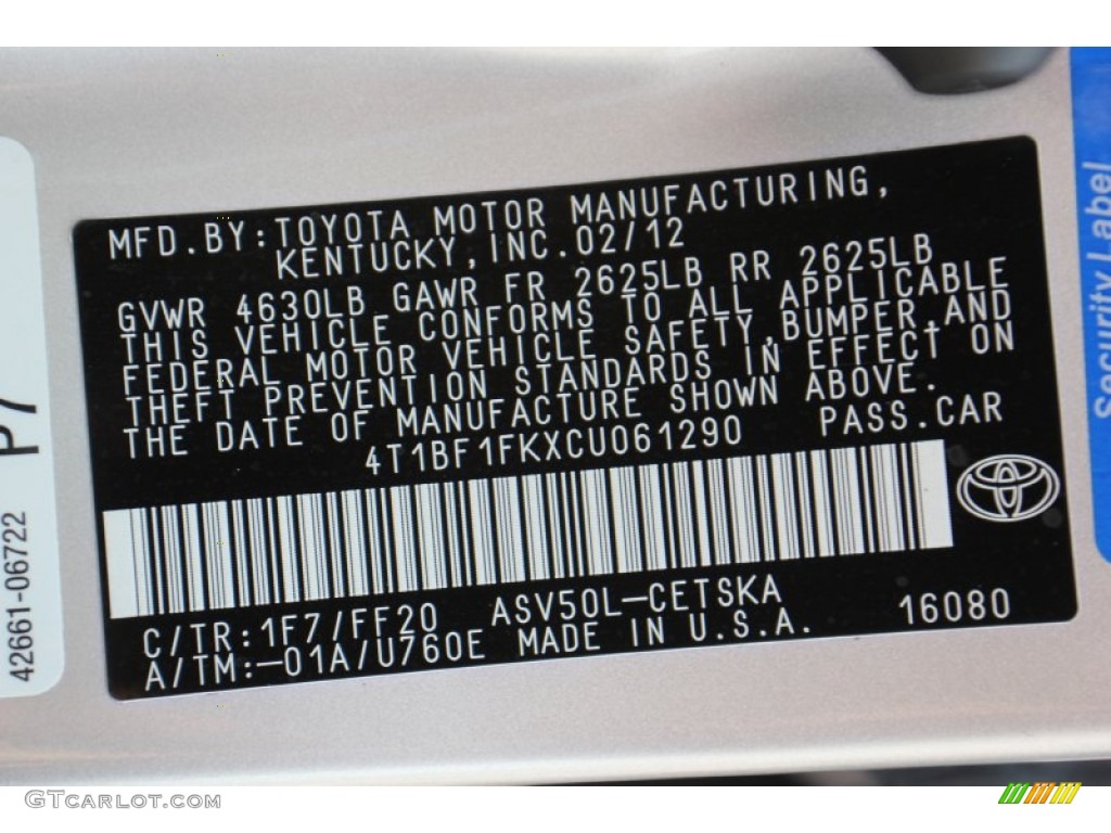2012 Camry Color Code 1F7 for Classic Silver Metallic Photo #71313075