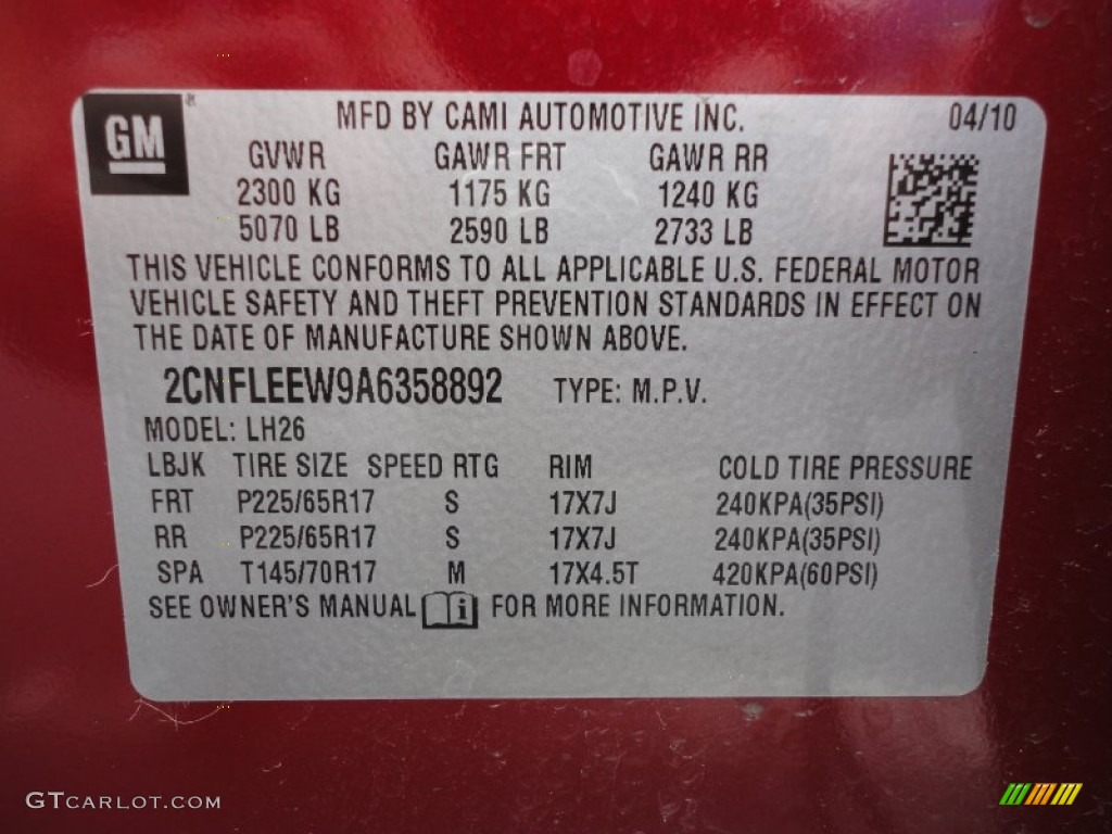 2010 Chevrolet Equinox LT AWD Info Tag Photo #71333496