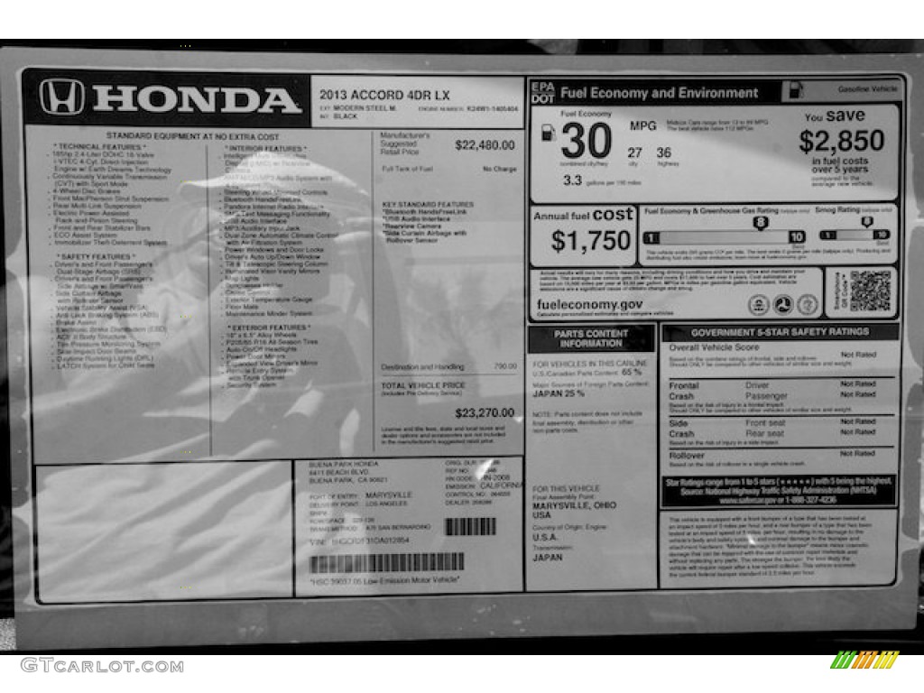 2013 Honda Accord LX Sedan Window Sticker Photo #71334252