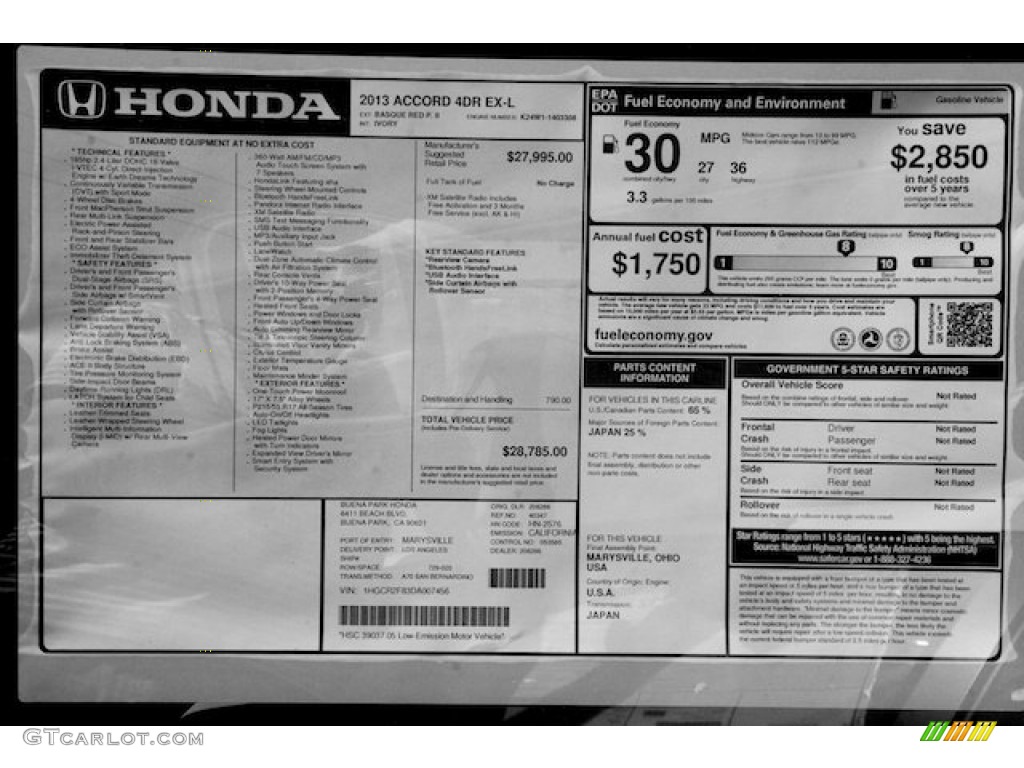 2013 Honda Accord EX-L Sedan Window Sticker Photo #71334477