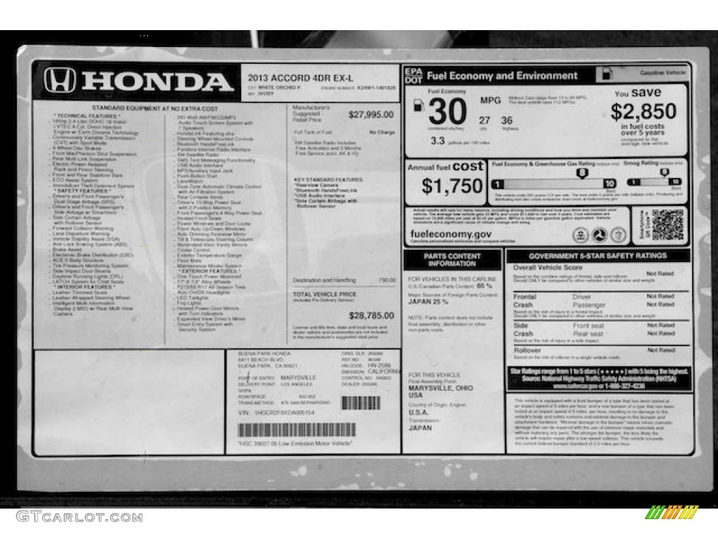 2013 Honda Accord EX-L Sedan Window Sticker Photo #71334711