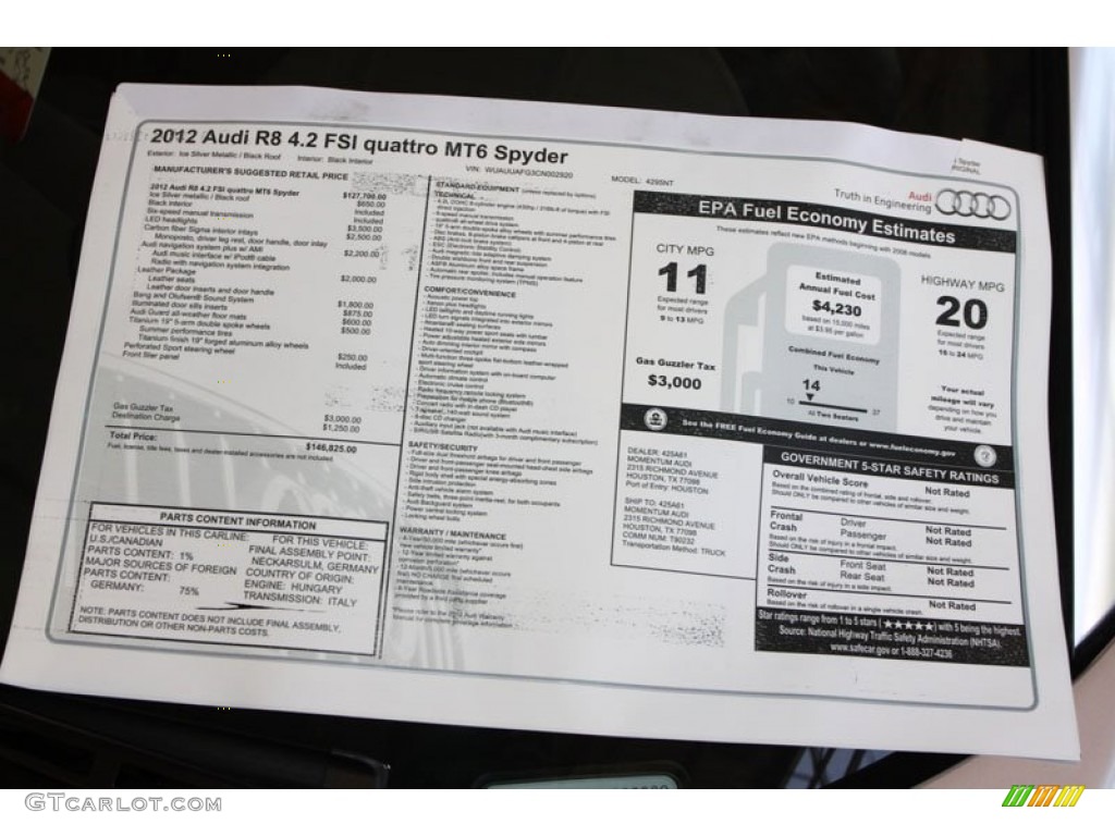 2012 Audi R8 Spyder 4.2 FSI quattro Window Sticker Photo #71355788