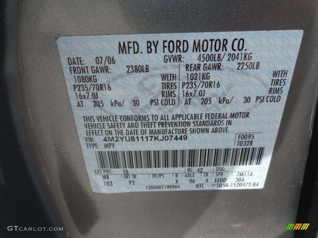 2007 Mariner Color Code T8 for Tungsten Grey Metallic Photo #71362943