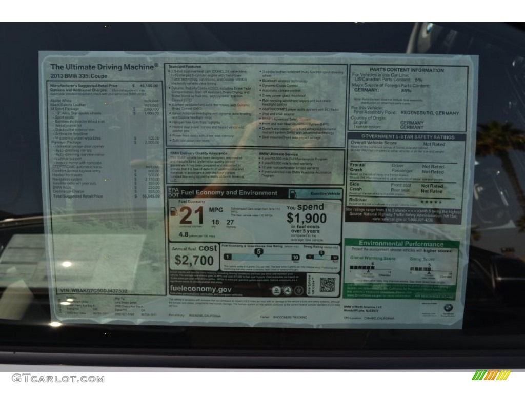 2013 BMW 3 Series 328i Sedan Window Sticker Photo #71372194