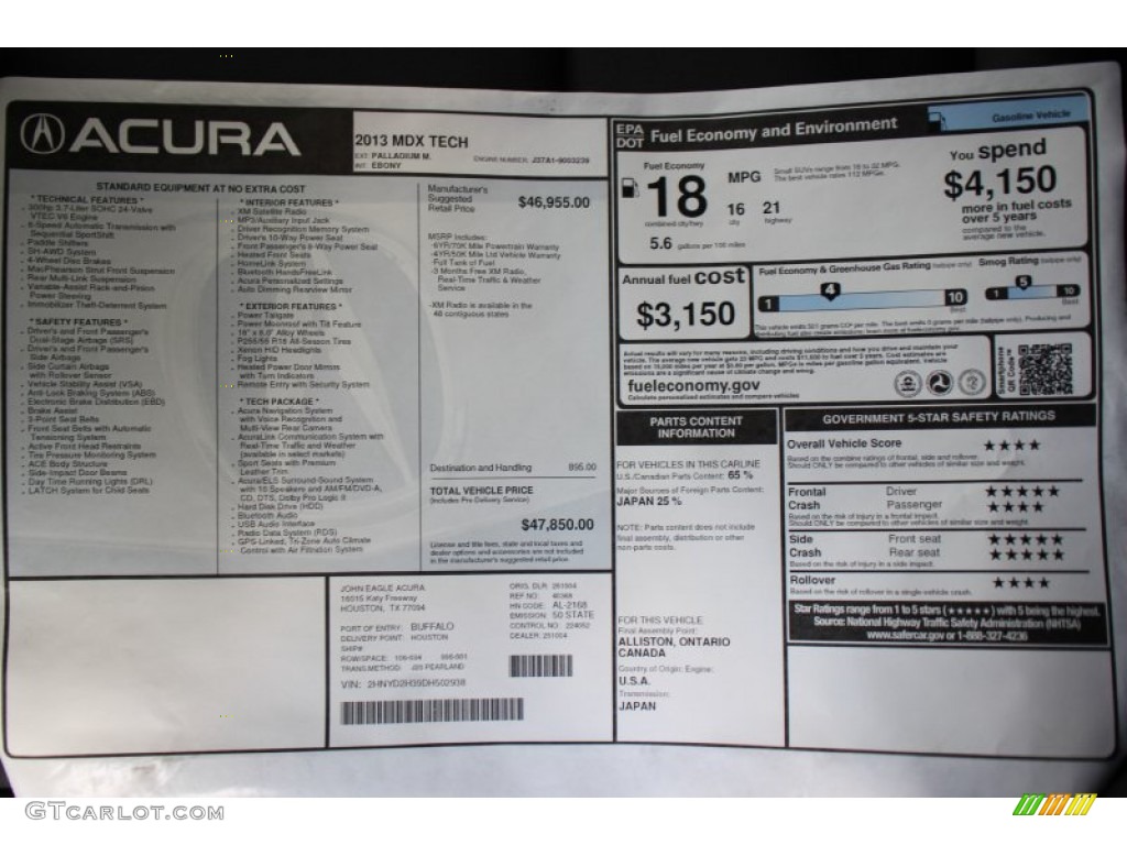 2013 Acura MDX SH-AWD Technology Window Sticker Photo #71375089