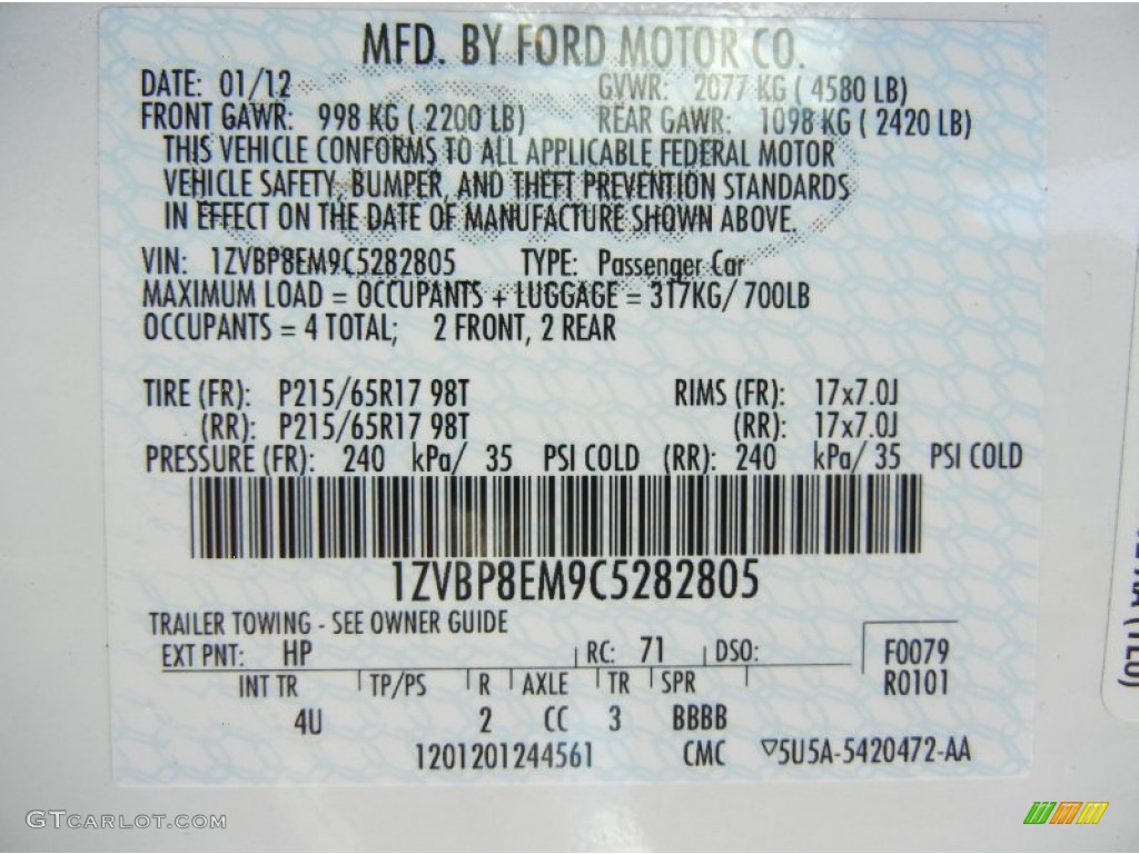 2012 Mustang Color Code HP for Performance White Photo #71388202