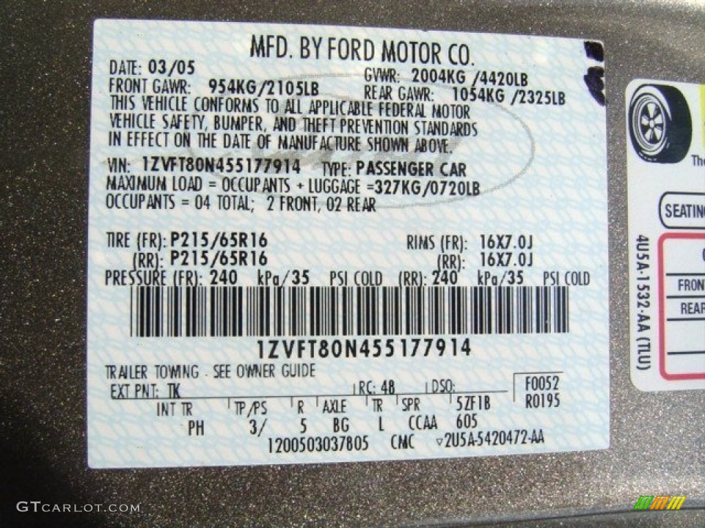 2005 Mustang Color Code TK for Mineral Grey Metallic Photo #71392318