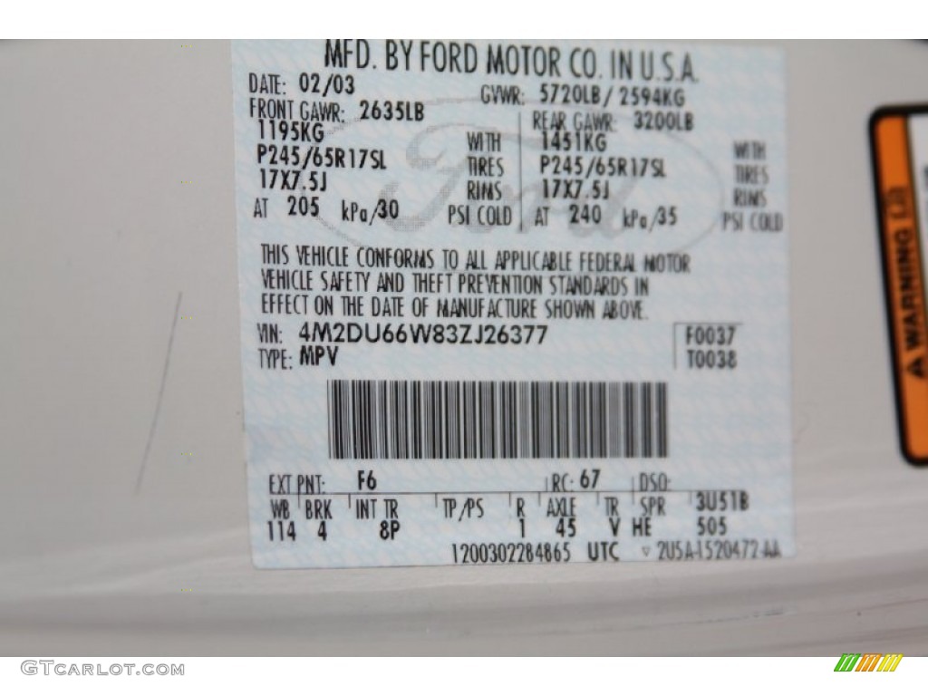 2003 Mercury Mountaineer Convenience Color Code Photos
