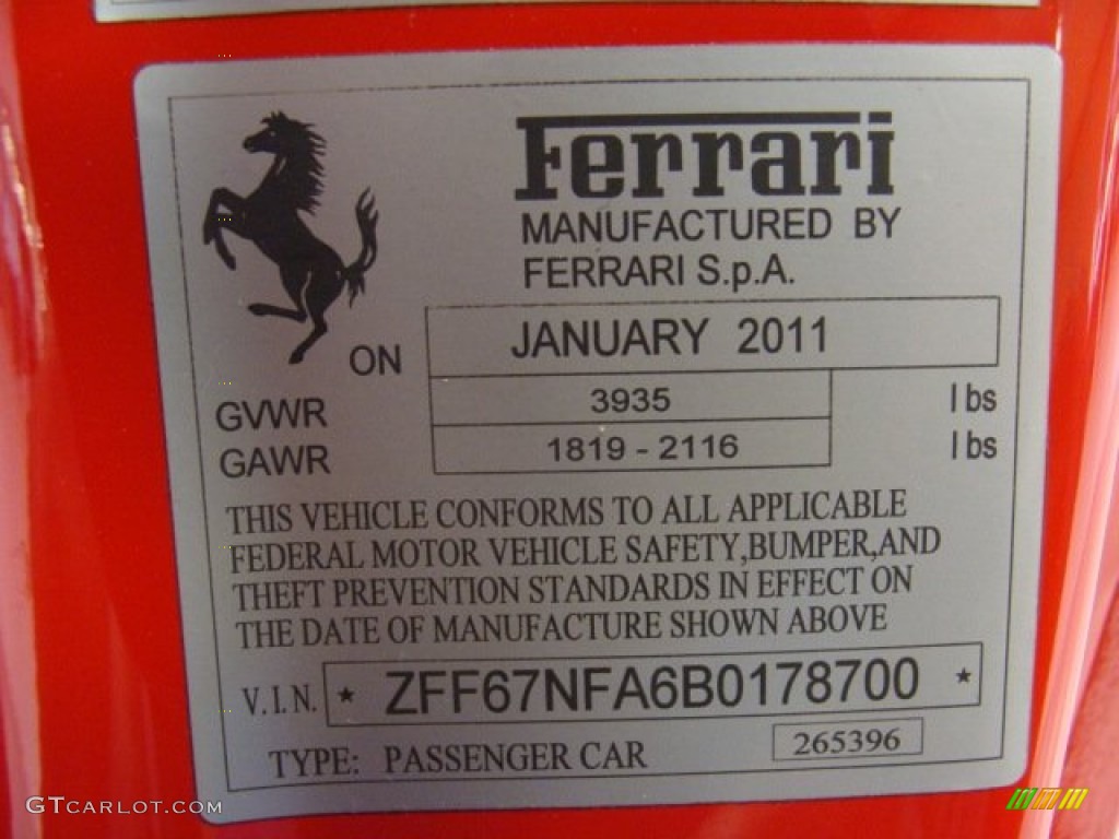 2011 Ferrari 458 Italia Info Tag Photo #71407981