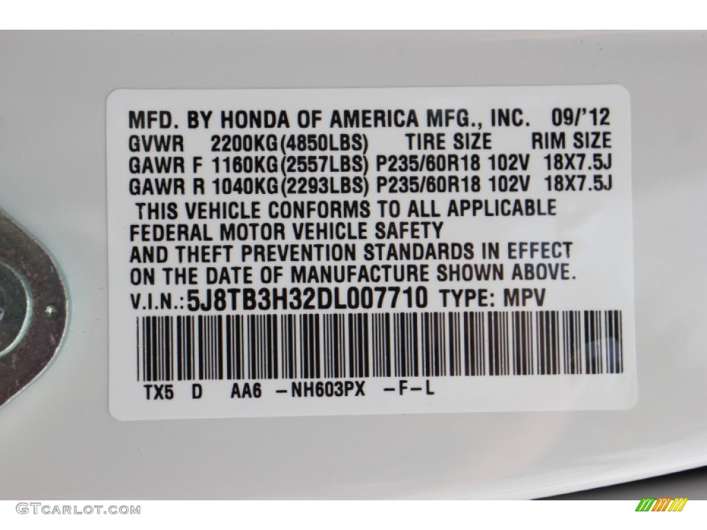 2013 RDX Color Code NH603PX for White Diamond Pearl Photo #71414956