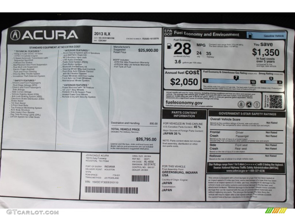 2013 Acura ILX 2.0L Window Sticker Photo #71415778