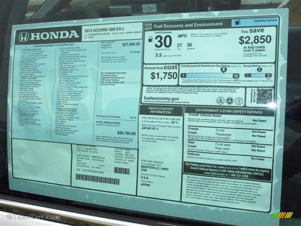 2013 Honda Accord EX-L Sedan Window Sticker Photo #71416057