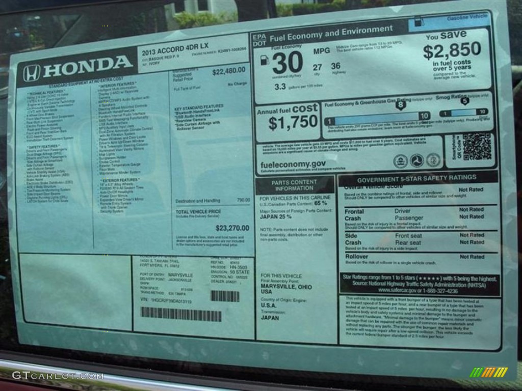 2013 Honda Accord LX Sedan Window Sticker Photo #71416279