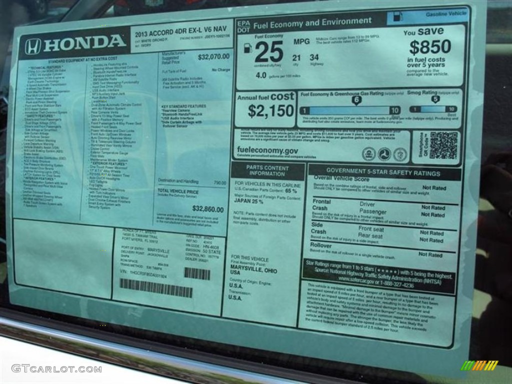 2013 Honda Accord EX-L V6 Sedan Window Sticker Photo #71416381