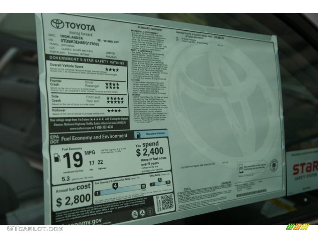 2013 Toyota Highlander SE 4WD Window Sticker Photo #71423347