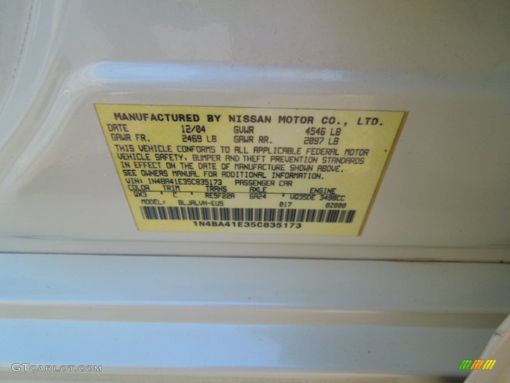 2005 Nissan Maxima 3.5 SE Color Code Photos