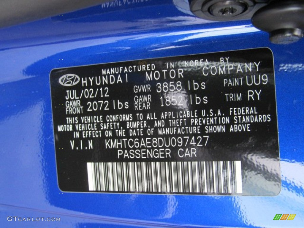 2013 Veloster Color Code UU9 for Marathon Blue Photo #71428493