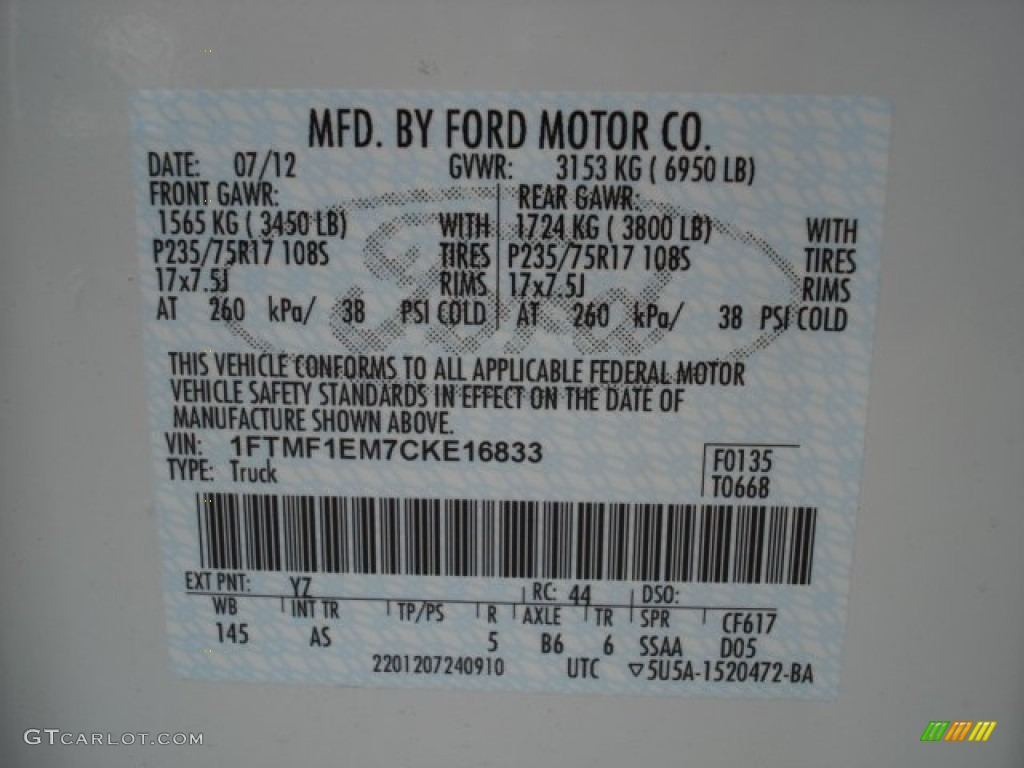 2012 F150 Color Code YZ for Oxford White Photo #71442824
