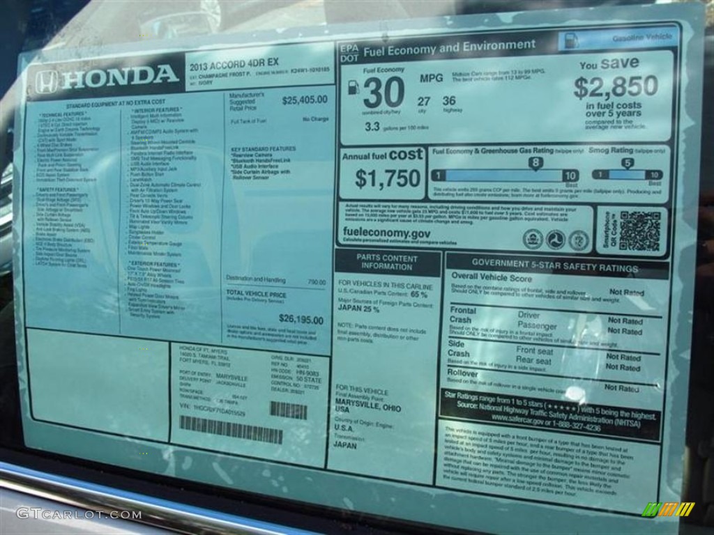 2013 Honda Accord EX Sedan Window Sticker Photo #71454674