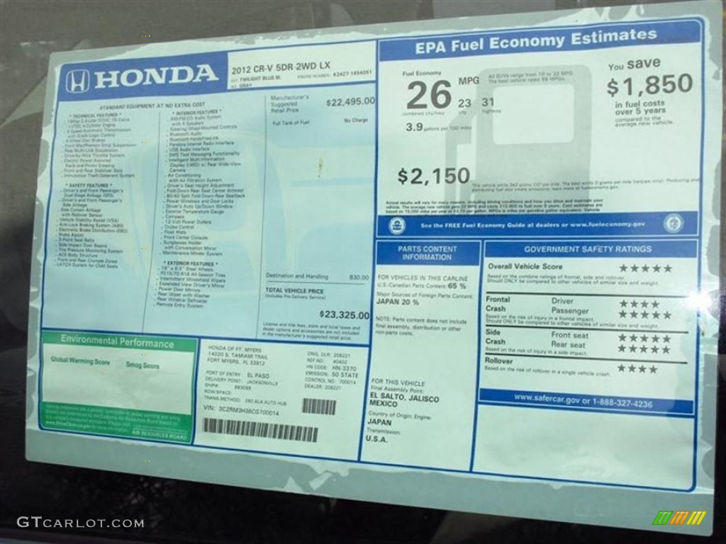 2012 Honda CR-V LX Window Sticker Photo #71455331