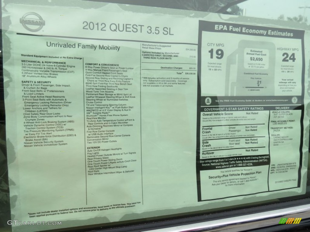 2012 Nissan Quest 3.5 SL Window Sticker Photo #71458325