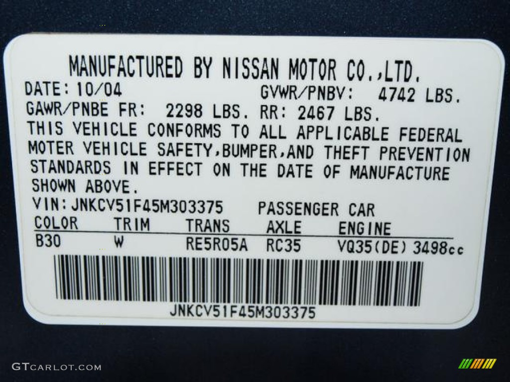 2005 Infiniti G 35 x Sedan Color Code Photos