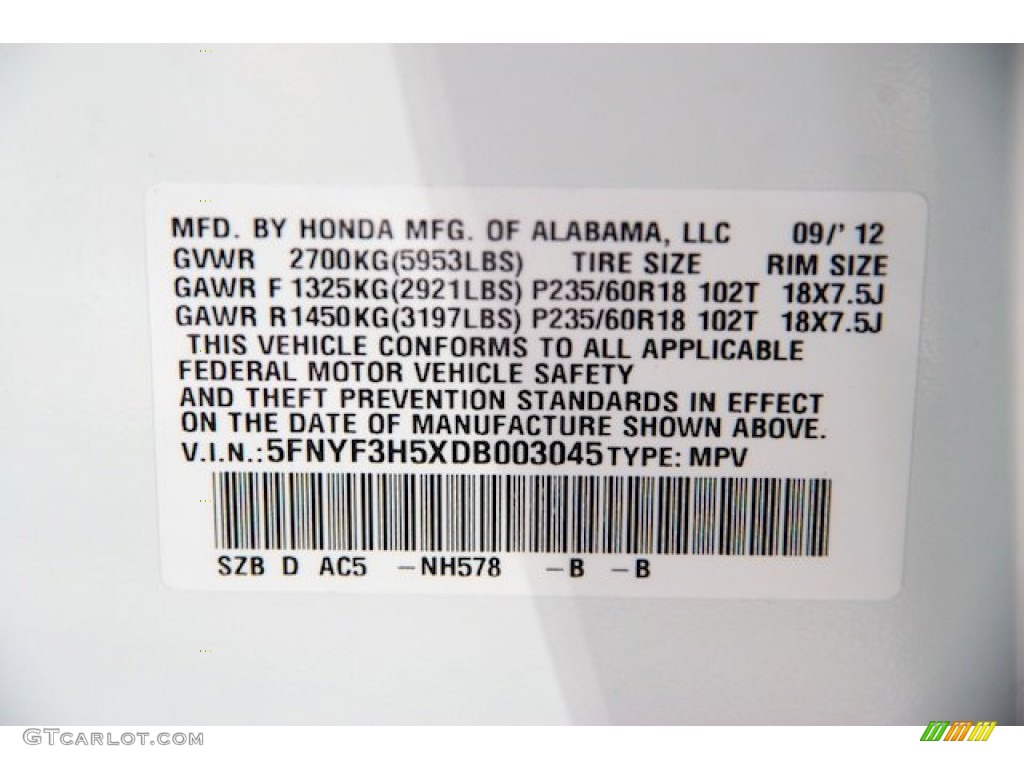 2013 Pilot Color Code NH578 for Taffeta White Photo #71527927
