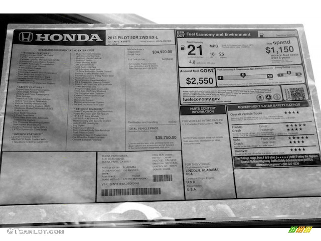 2013 Honda Pilot EX-L Window Sticker Photo #71527936