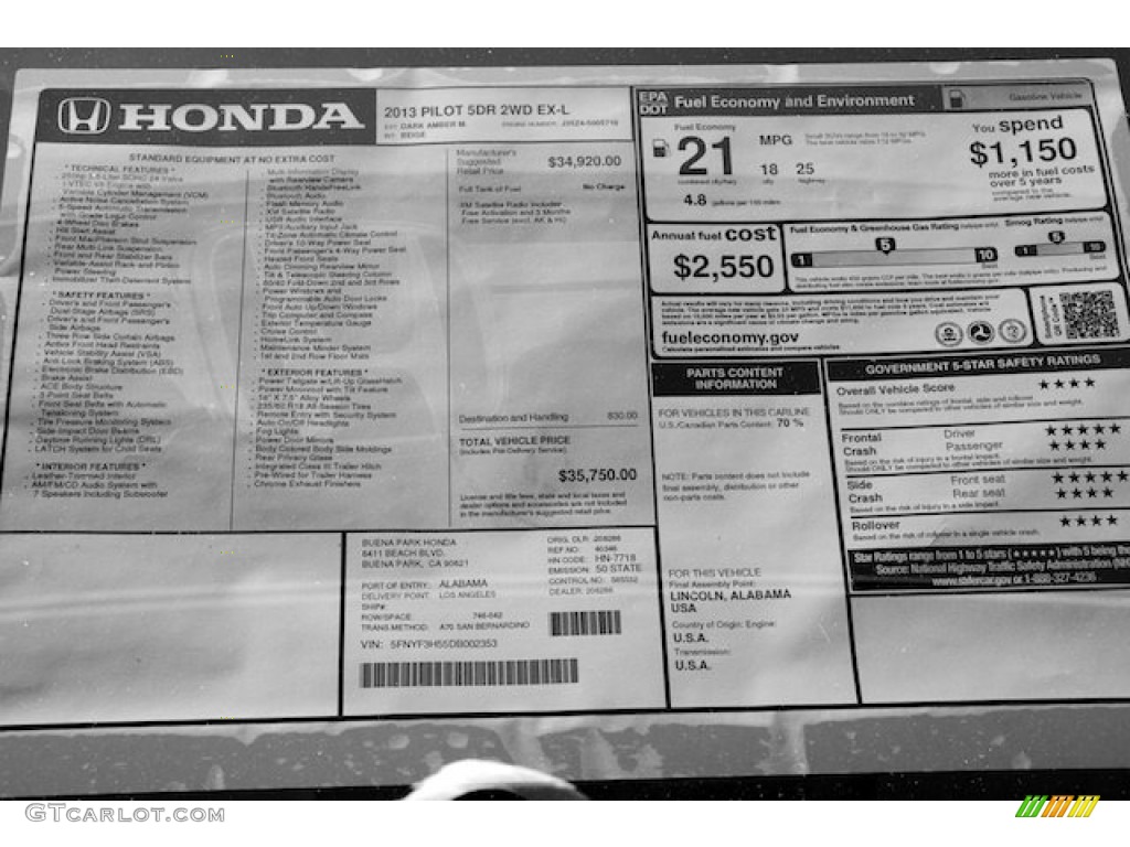 2013 Honda Pilot EX-L Window Sticker Photo #71528511