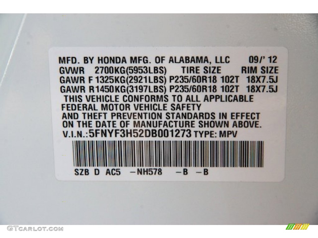 2013 Pilot Color Code NH578 for Taffeta White Photo #71528872