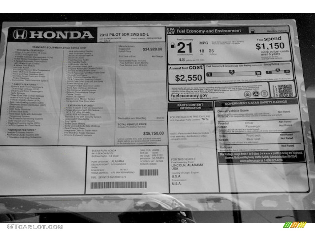 2013 Honda Pilot EX-L Window Sticker Photo #71528878