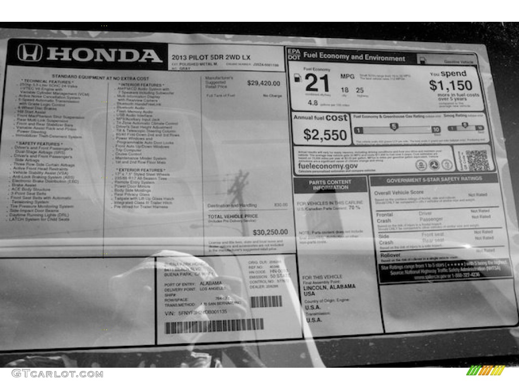 2013 Honda Pilot LX Window Sticker Photo #71529019