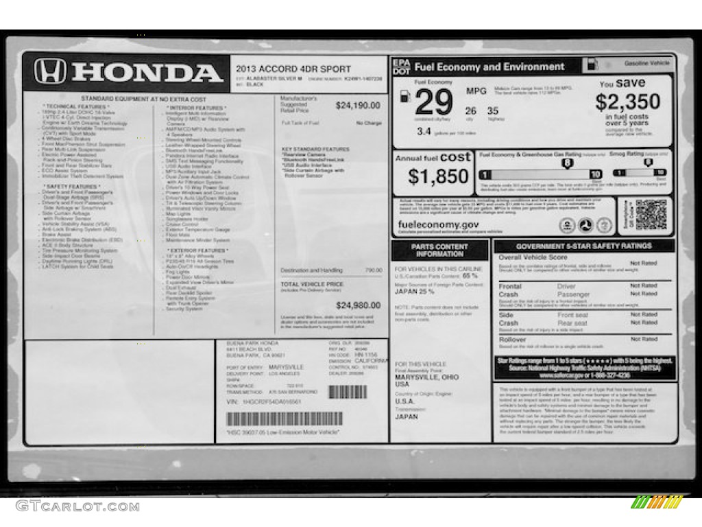 2013 Honda Accord Sport Sedan Window Sticker Photo #71529337
