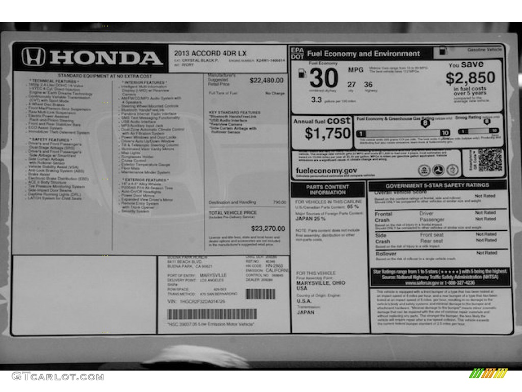 2013 Honda Accord LX Sedan Window Sticker Photo #71529577