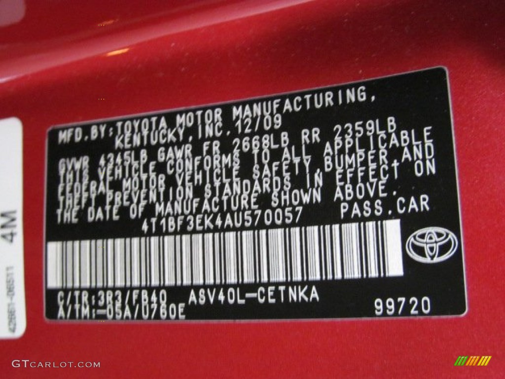 2010 Camry Color Code 3R3 for Barcelona Red Metallic Photo #71541289
