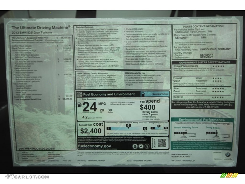 2013 BMW 5 Series 535i Gran Turismo Window Sticker Photo #71554570