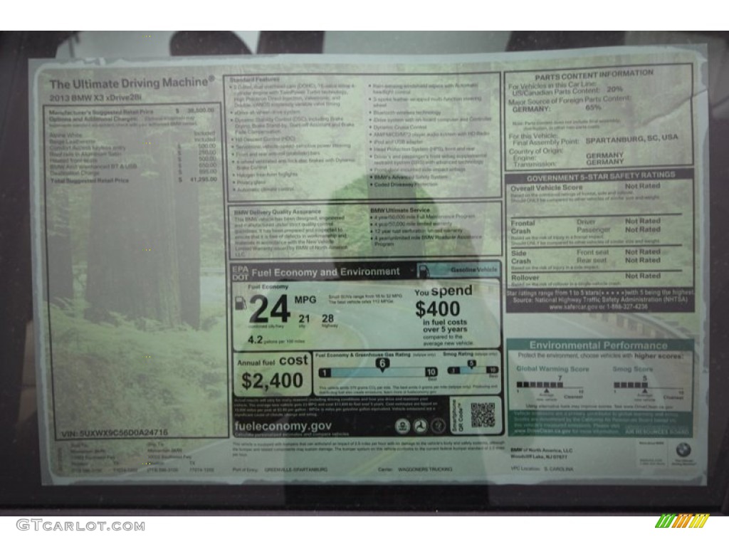 2013 BMW X3 xDrive 28i Window Sticker Photo #71554825