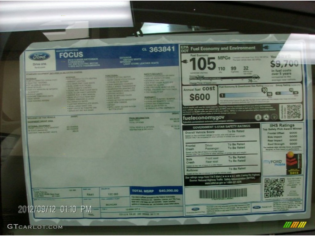 2012 Ford Focus Electric Window Sticker Photo #71564044